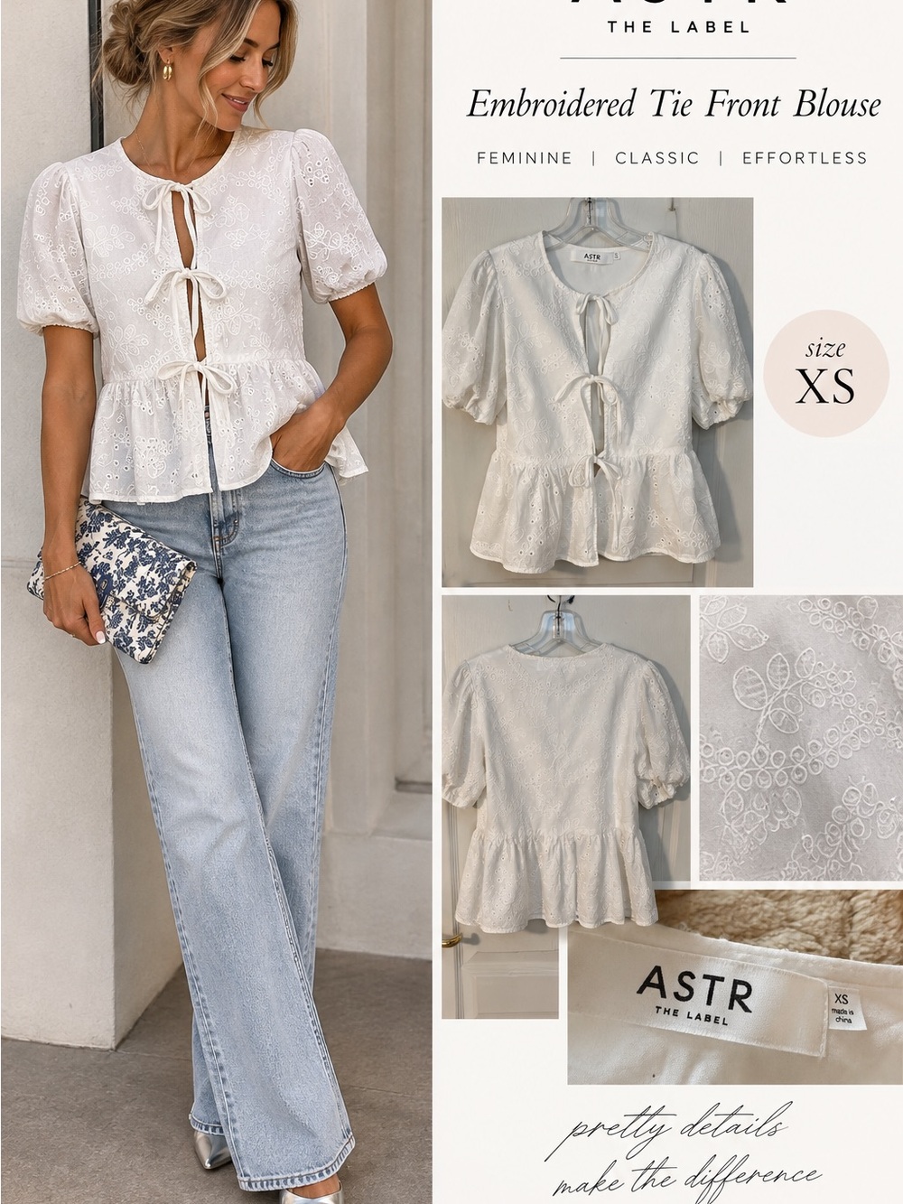 Astr Cream Eyelet Tie-Front Peplum Blouse